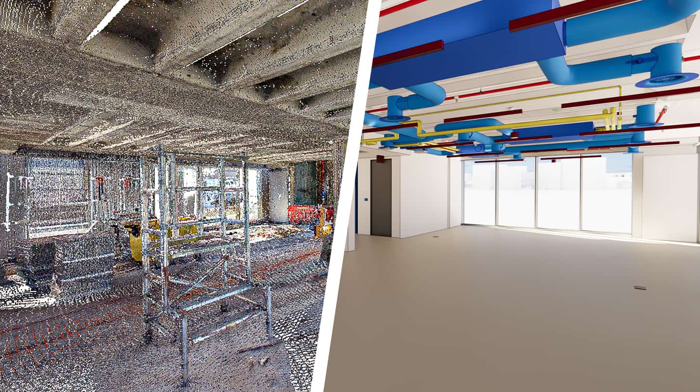 ScantoBIM-Shelley Room with cloud points on one side and BIM model to the other