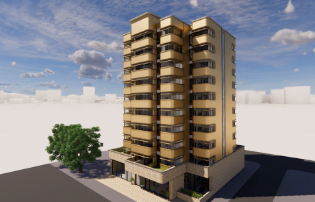 Rendering of a modern building from the outside