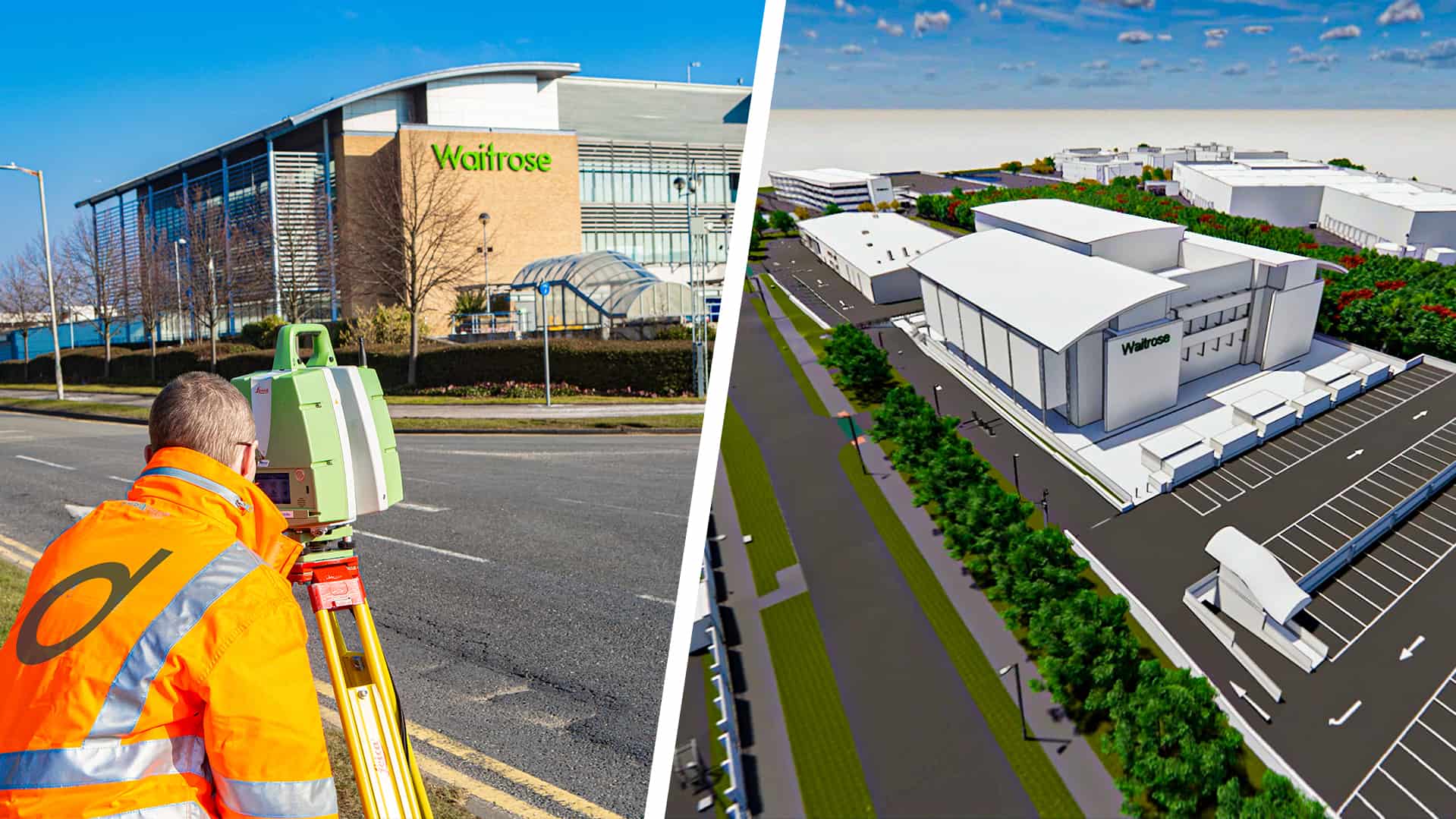 Waitrose Scanning + BIM Waitrose building and surveyor scanning the site, plus BIM model of the same building
